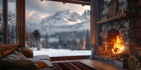 Canvas Print - Cozy Mountain Cabin with Roaring Fireplace and Snowy Landscape