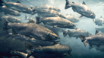 Poster - Underwater view of a school of silver fish swimming together, likely salmon, with streamlined bodies and silver scales.