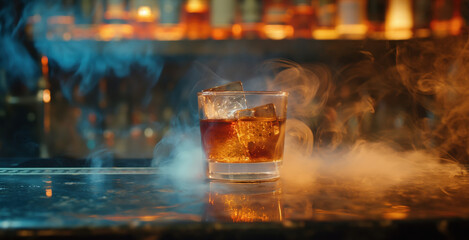 Poster - Glass of whiskey with ice on a bar counter, surrounded by swirling smoke, with a blurred background of bar lights.