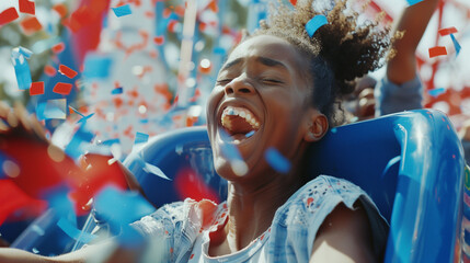 Young African American girl screaming and cheering on a rollercoaster in amusement park. Blue and red confetti falling around. July 4th independence day USA celebrations in summer. Patriotic american.