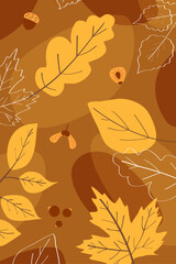 Wall Mural - Pattern on a brown background with yellow autumn leaves in outline and seeds for a smartphone theme. Flat doodle style. Vector illustration.