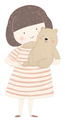 Poster - PNG Girl character hugging a teddy bear drawing sketch toy.