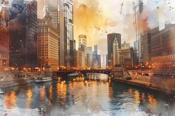 Poster - A painting showcasing a cityscape with a bridge extending over a river, Create a digital watercolor painting of the cityscape reflecting on the Chicago River