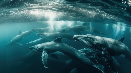 Sticker - An underwater shot of a group of humpback whales swimming together in the ocean, with sunlight filtering through the water surface above.