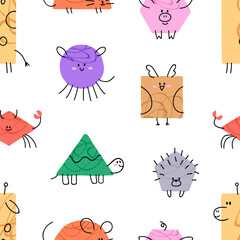 Fototapete - Cute doodle characters, seamless pattern. Funny kids print. Endless background with comic animals. Repeating texture, for baby fabric, textile, wallpaper, wrapping paper. Flat vector illustration