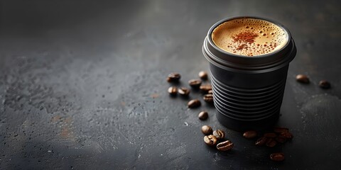 Poster - Freshly Brewed Coffee in a Stylish Travel Mug on a Dark Background with Copy Space