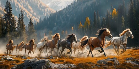 Canvas Print - Majestic Herd of Wild Horses Galloping Through Stunning Mountain Landscape in Autumn