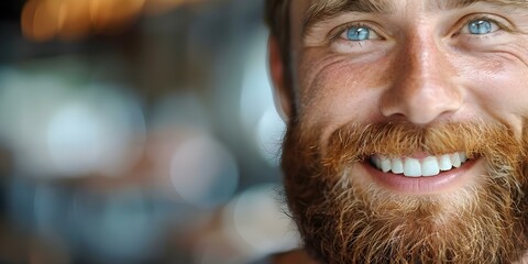 Portrait of a Smiling Bearded Man with Healthy White Teeth - Up Close. Concept Portrait Photography, Smiling Man, Bearded Man, Healthy Teeth, Close-Up Portrait