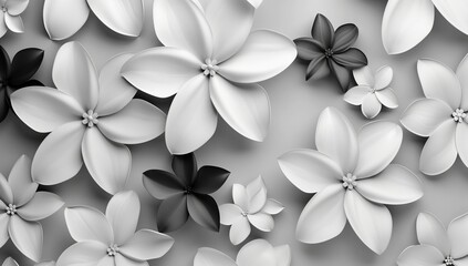 3D black and white floral background, grey wallpaper design, grayscale flowers and petals