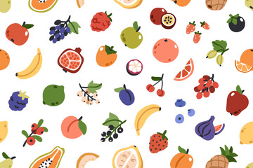 Wall Mural - fruit and berry pattern. seamless background, healthy summer food mix, repeating print. texture desi