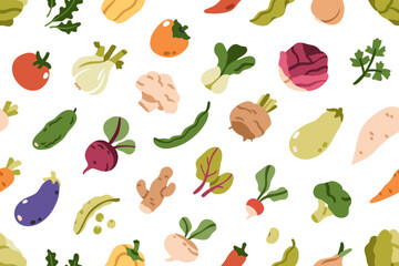 Fototapete - Vegetable pattern, seamless print. Vegetarian food, endless background design. Natural fresh farm produce, harvest. Beet, broccoli, greens, tomato veggies, repeating texture. Flat vector illustration