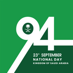 Wall Mural - 94th Saudi National Day Celebration Banner with Iconic Emblem and Date - September 23rd, Green and White Design for Kingdom of Saudi Arabia

