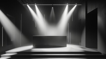 Poster - A dark stage with spotlights illuminating a long, rectangular platform. The stage has two steps and is in front of a wall with a door.