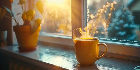 Wall Mural - Serene Moment   Steaming Coffee Cup by Warm Window Light