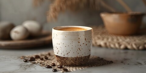 Poster - Freshly Brewed Espresso in a Ceramic Cup on a Neutral Toned Table with Copy Space