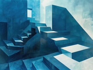 Wall Mural - Abstract Blue Staircase with a Hint of Light