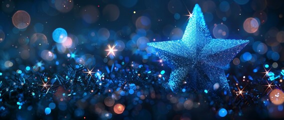 Fototapete - An illustration of abstract blue stars on a low poly style background. Wireframe light connection structure. Modern 3D graphic concept. Isolated illustration.