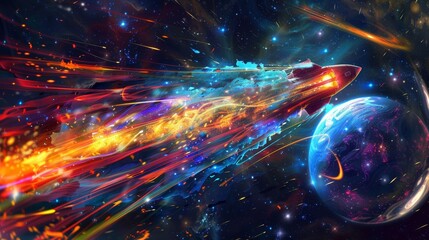 Leinwandbilder - Intense 3D graphic concept with a flying rocket and planets in space. Low poly style design. Abstract geometric background with wireframe light connections. Isolated illustration, modern graphic