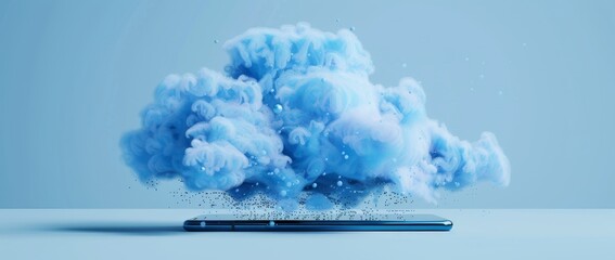 Leinwandbilder - A angular 3D cloud icon appears on the screen of a smart phone. Cellphones are used to synchronize data with cloud storage.