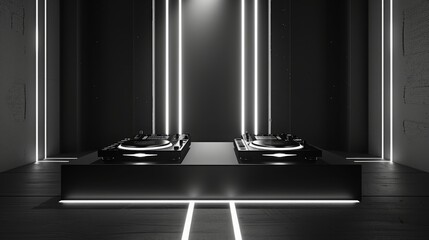 Poster - A black room with white neon lights running vertically along the walls, illuminating two DJ mixers on a black platform.