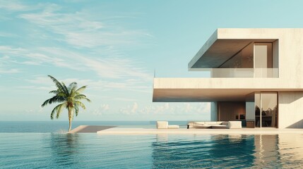 Leinwandbilder - In the background is a sea view of a white modern house with a concrete entrance.