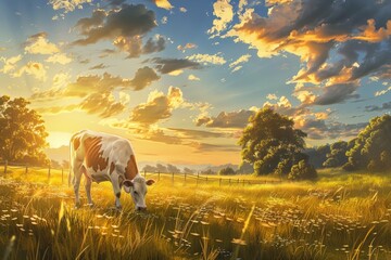 Sticker - A painting depicting a cow peacefully grazing in a lush green field, Create a peaceful scene of a cow grazing in a pasture