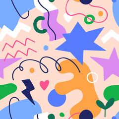 Aufkleber - Abstract doodle pattern. Seamless colorful background, repeating print with scribble elements, organic shapes. Endless texture design for wrapping, textile, fabric. Colored flat vector illustration