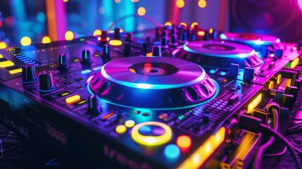 Poster - A close-up shot of a DJ mixer with colorful lights reflecting off of its surface.
