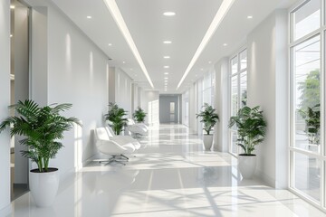 Poster - Stylish white building corridor or hallway with a waiting area.