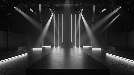 Poster - A stage with a raised platform in the middle, illuminated by bright lights in a dark room. The lights shine down from the ceiling, creating streaks of light across the floor.