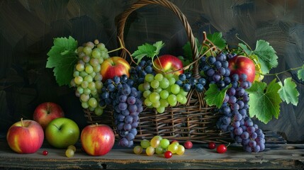 Wall Mural - Still Life with Apples, Grapes, and a Wicker Basket