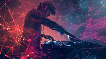 Poster - A DJ mixes music with headphones and a mixer, adjusting knobs and buttons. Lights and visual effects in the background add to the scene