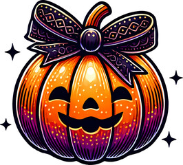 smiling jack-o'-lantern with bow colorful illustration of a smiling jack-o'-lantern decorated with a