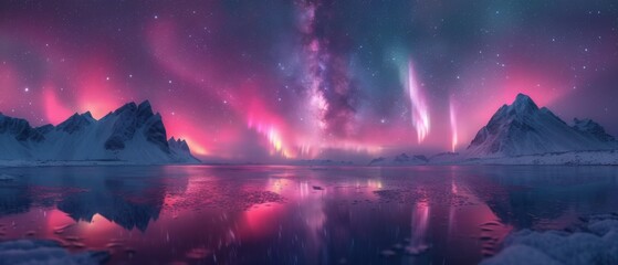 A panoramic view of a snowy mountain range illuminated by the aurora borealis. 