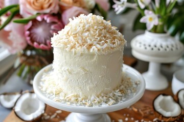 Wall Mural - Small coconut cake sitting on a white pedestal with a bouquet of flowers in the background