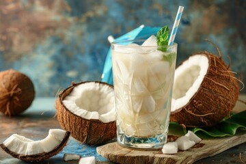 Poster - Refreshing glass of coconut water sits on a table surrounded by freshly cracked coconuts