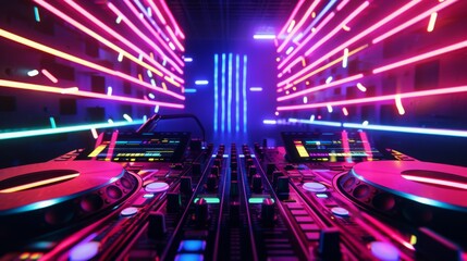 Poster - A DJ mixer sits in a dark room illuminated by neon lights.