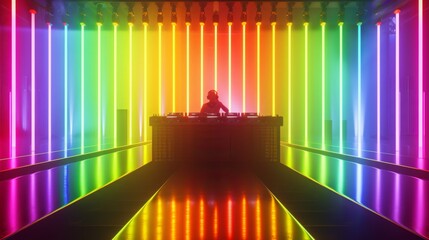 Leinwandbilder - A silhouette of a DJ playing music at a DJ console, surrounded by bright neon lights in a variety of rainbow colors.