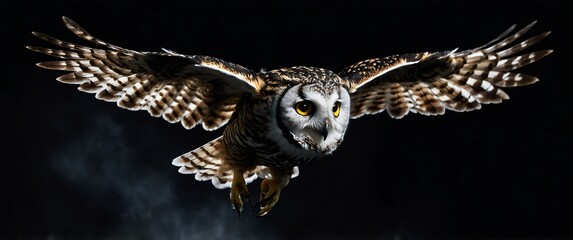 a flying owl on plain black background for banner with copy space