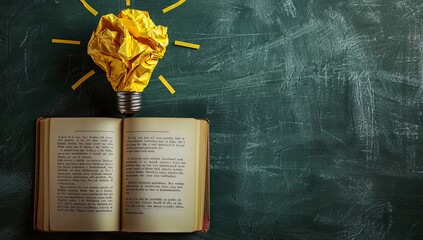 Crumpled paper as a light bulb metaphor over a blackboard for education concept image