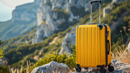 yellow travel suitcase on wheels on outdoor background