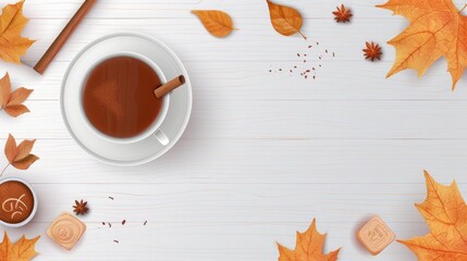 Wall Mural - Autumnal Delights: A Cup of Warmth Surrounded by Falling Leaves