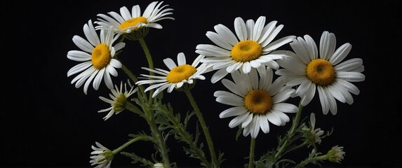 Wall Mural - branch with daisy flowers on plain black background for banner with copy space