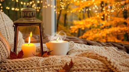 Wall Mural - Cozy Autumn Windowsill With Candles and Warm Blanket