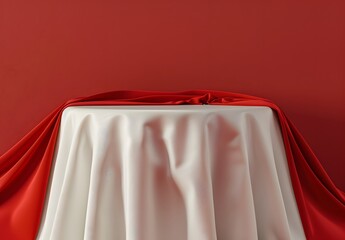 Wall Mural - white tablecloth on red background, minimalistic 3d render
