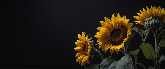 Wall Mural - branch with sunflower flowers on plain black background for banner with copy space