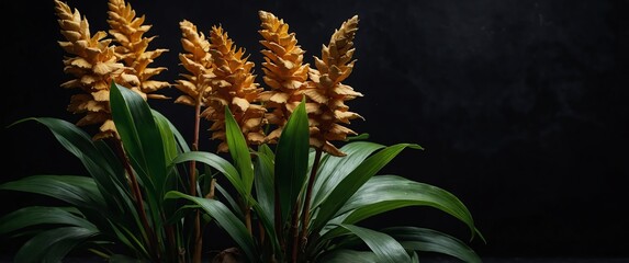 Canvas Print - bunch of ginger plant on plain black background for banner with copy space