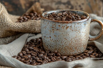 Wall Mural - Rustic mug overflowing with coffee beans sits on a burlap surface, ready for brewing