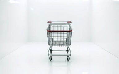 A stark, minimalist photograph of an empty metal shopping cart