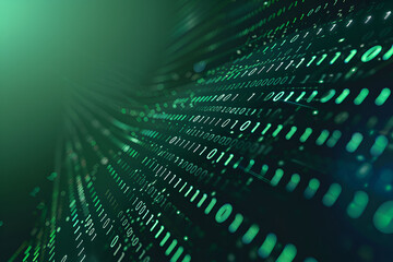 Generative Ai illustration. Digital data streams flow into each other - green binary code series